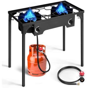 imageOutvita 1 Burner Propane Gas Stove for Outdoor Cooking 75000 BTU Camping Cooker with Removable Legs Temperature Control Knobs for Backyard Cooking BBQ Baking and FryingSingle BurnerDouble Burners