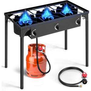 imageOutvita 1 Burner Propane Gas Stove for Outdoor Cooking 75000 BTU Camping Cooker with Removable Legs Temperature Control Knobs for Backyard Cooking BBQ Baking and FryingSingle BurnerThree Burners