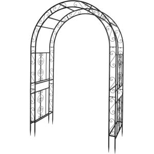 imageOutvita 7FT Garden Arch Arbor with Entry Door Heavy Duty Metal Arbour Archway Decorative Frame Stand Trellis with Ground Stakes for Wedding Ceremony Party Plant Climbing Rose Vines Patio Black3075 Pounds