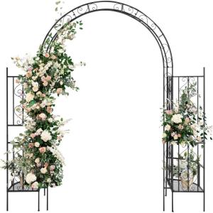 imageOutvita 7FT Garden Arch Arbor with Entry Door Heavy Duty Metal Arbour Archway Decorative Frame Stand Trellis with Ground Stakes for Wedding Ceremony Party Plant Climbing Rose Vines Patio Black300 Pounds