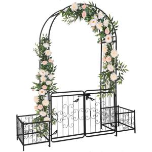imageOutvita 7FT Garden Arch Arbor with Entry Door Heavy Duty Metal Arbour Archway Decorative Frame Stand Trellis with Ground Stakes for Wedding Ceremony Party Plant Climbing Rose Vines Patio Black3924 Pounds