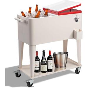 imageOutvita 80 Quart Rolling Ice Chest Portable Bar Drink Cooler with Catch Basin Bottom Storage Tray and Bottle Opener for Patio Party BBQ Beach ActivitiesMilk White with Red cover