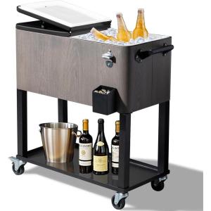 imageOutvita 80 Quart Rolling Ice Chest Portable Bar Drink Cooler with Catch Basin Bottom Storage Tray and Bottle Opener for Patio Party BBQ Beach ActivitiesWood