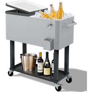 imageOutvita 80 Quart Rolling Ice Chest Portable Bar Drink Cooler with Catch Basin Bottom Storage Tray and Bottle Opener for Patio Party BBQ Beach ActivitiesGray
