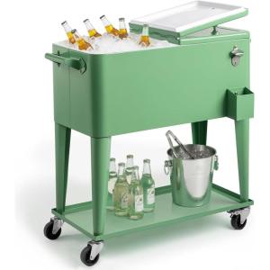 imageOutvita 80 Quart Rolling Ice Chest Portable Bar Drink Cooler with Catch Basin Bottom Storage Tray and Bottle Opener for Patio Party BBQ Beach ActivitiesPea green
