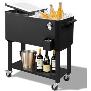 imageOutvita 80 Quart Rolling Ice Chest Portable Bar Drink Cooler with Catch Basin Bottom Storage Tray and Bottle Opener for Patio Party BBQ Beach ActivitiesBlack  Detachable