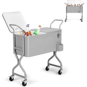 imageOutvita 80 Quart Rolling Ice Chest Portable Bar Drink Cooler with Catch Basin Bottom Storage Tray and Bottle Opener for Patio Party BBQ Beach ActivitiesGray with front open lid