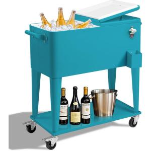 imageOutvita 80 Quart Rolling Ice Chest Portable Bar Drink Cooler with Catch Basin Bottom Storage Tray and Bottle Opener for Patio Party BBQ Beach ActivitiesPeacock blue
