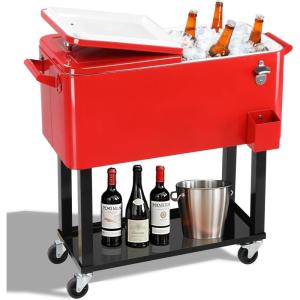 imageOutvita 80 Quart Rolling Ice Chest Portable Bar Drink Cooler with Catch Basin Bottom Storage Tray and Bottle Opener for Patio Party BBQ Beach ActivitiesRed