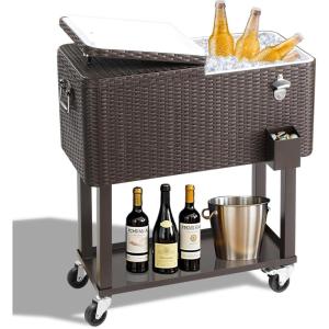 imageOutvita 80 Quart Rolling Ice Chest Portable Bar Drink Cooler with Catch Basin Bottom Storage Tray and Bottle Opener for Patio Party BBQ Beach ActivitiesRattan