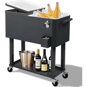 imageOutvita 80 Quart Rolling Ice Chest Portable Bar Drink Cooler with Catch Basin Bottom Storage Tray and Bottle Opener for Patio Party BBQ Beach ActivitiesDark Gray