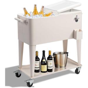 imageOutvita 80 Quart Rolling Ice Chest Portable Bar Drink Cooler with Catch Basin Bottom Storage Tray and Bottle Opener for Patio Party BBQ Beach ActivitiesMilk White