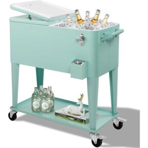 imageOutvita 80 Quart Rolling Ice Chest Portable Bar Drink Cooler with Catch Basin Bottom Storage Tray and Bottle Opener for Patio Party BBQ Beach ActivitiesMint Green