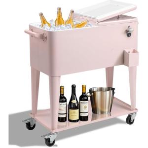 imageOutvita 80 Quart Rolling Ice Chest Portable Bar Drink Cooler with Catch Basin Bottom Storage Tray and Bottle Opener for Patio Party BBQ Beach ActivitiesPink