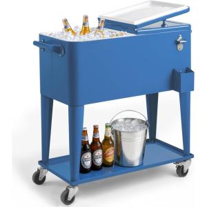 imageOutvita 80 Quart Rolling Ice Chest Portable Bar Drink Cooler with Catch Basin Bottom Storage Tray and Bottle Opener for Patio Party BBQ Beach ActivitiesNavy blue