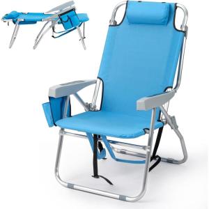 imageOutvita Backpack Beach Chair 5 Level Adjustable Positions Beach Chair with Back Storage Bag Cooler Pouch and Side Bags for Beach Poolside LawnBlue