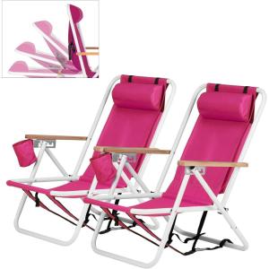 imageOutvita Folding Beach Chair Adjustable Headrest w4 Flexible Tilt Angle Cup Holder Portable High Strength Cleanable Fabric for Sand Camping Lawn Concert Travel FestivalPink