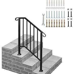imageOutvita Handrails for Outdoor Steps Black Wrought Iron Handrail Fits 3 or 4 Steps Transitional Handrail with Installation Kit Stair Railing for Concrete Steps or Wooden StairsBlack