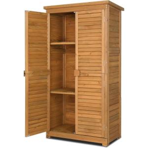 imageOutvita Outdoor Storage Cabinet 63in Wooden Garden Tools Shed with 2 Lockable Doors 3 Adjustable Shelves Waterproof Roof for Yard Garge Patio Deck Porch NaturalNatural
