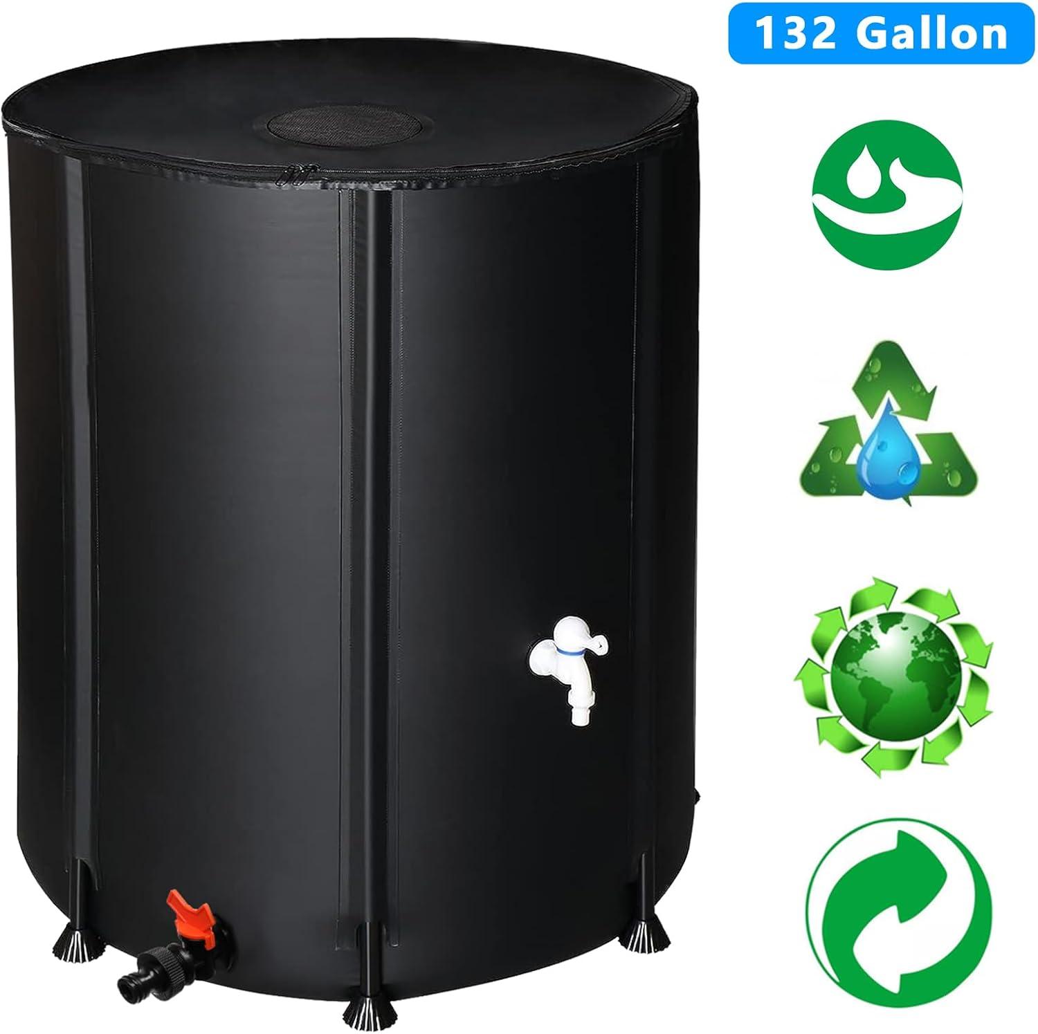 imageOutvita 132 Gallon Collapsible Rain Barrel Large Garden Water Storage Tank Portable Folding Rainwater Collector Water Catcher with Filter Overflow Kit Faucet GreenBlack
