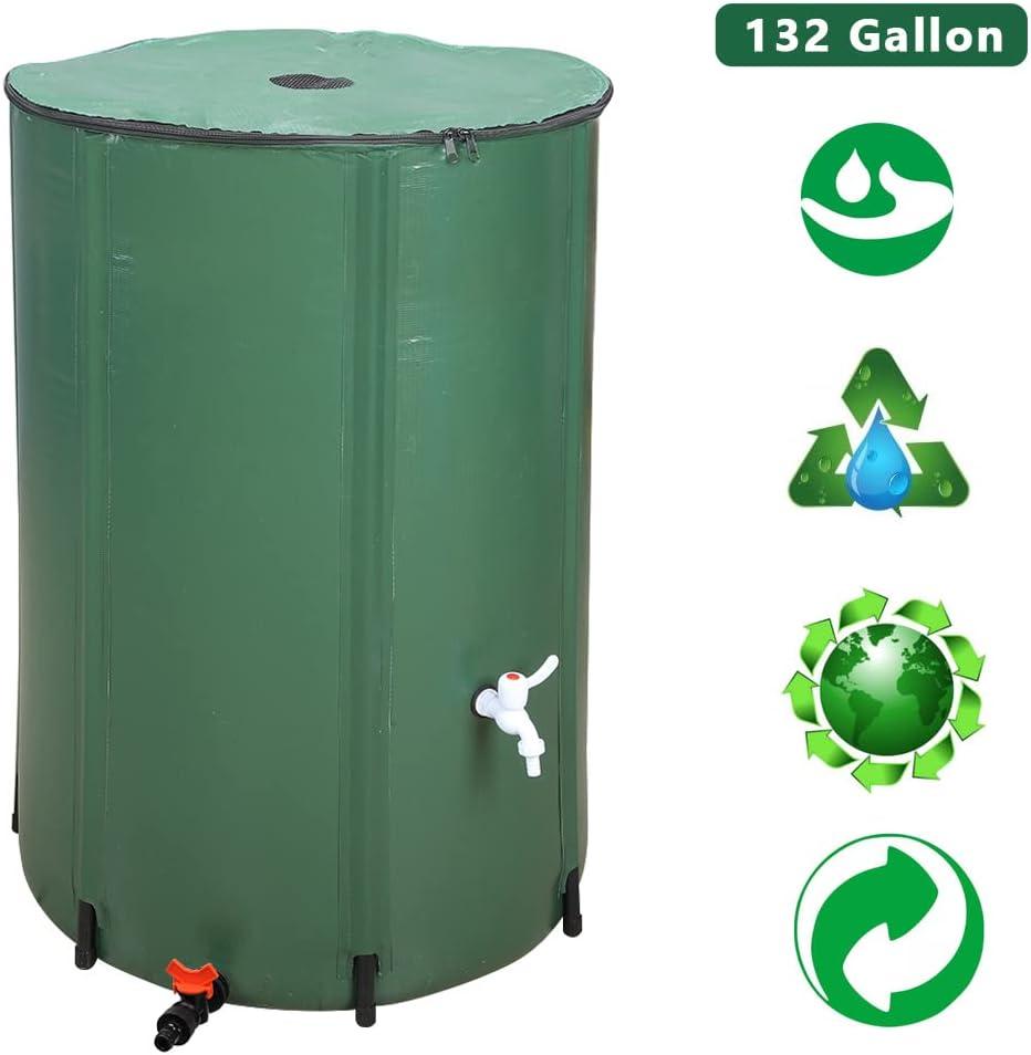 imageOutvita 132 Gallon Collapsible Rain Barrel Large Garden Water Storage Tank Portable Folding Rainwater Collector Water Catcher with Filter Overflow Kit Faucet GreenGreen