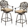 imageOutvita Set of 2 Outdoor Swivel Bar StoolsCast Aluminum Bar Height Patio Chairs 360 Rotation 380 lbs Capacity Barstools with Comfort Cushions High Back and ArmrestFloralInspired Scroll Back