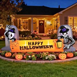 imageOutvita 2 Packs Halloween Inflatables Set of Lighted Eyes Decoration 3Ft Blow Ups Green Eyes for Halloween Decor Outdoor with LEDs Party Supplies Blow up Decoration for Yard Lawn Patio GardenSkeleton Tombstone Banner