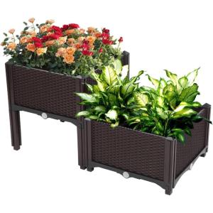 imageOutvita 2 Sets Raised Garden Bed with Legs Square Elevated Planter Garden Box with Drainage Plug for Indoor Outdoor Planting Flowers Vegetables Tomato and HerbsBrownBrown