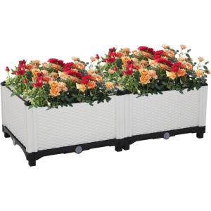 imageOutvita 2 Sets Raised Garden Bed with Legs Square Elevated Planter Garden Box with Drainage Plug for Indoor Outdoor Planting Flowers Vegetables Tomato and HerbsBrownWhite