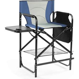 imageOutvita 26quot Tall Directors Chair Height Seat Folding with Side Table Storage Bag Support for 300Lbs Portable Makeup Artist Chair with Bar Height BlackBlueGrey