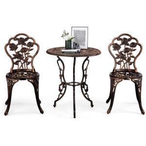 imageOutvita 3 PCS Outdoor Bistro Table Set All Weather Rose Pattern Cast Aluminum Patio Bistro Sets with Umbrella Hole for Yard Garden Balcony Antique Bronz