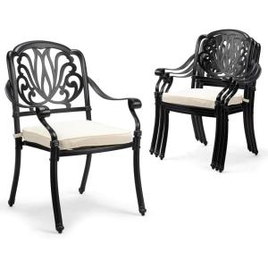 imageOutvita 4 Piece Outdoor Bistro Dining Chair Set AllWeather Cast Aluminum Dining Chairs with Cushion Stackable ampamp Easy to Store Furniture for Patio Garden Deck AntiqueBlackpattern I Include Cushion