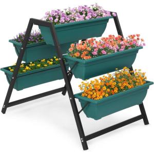 imageOutvita 44 FT Vertical Garden Bed 5 Tier Vertical Raised Planter Removable Black Raised Bed Box with 4 Wheels Movable Elevated Vegetable Flower Planter for Patio Yard Indoor OutdoorGreen