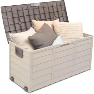 imageOutvita Deck Storage Box 75 Gallon Plastic Durable Storage Container Bin with Lid Store Patio Cushions and Yard Stools Outdoor Patio Garden PoolBrownBrown