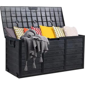 imageOutvita Deck Storage Box 75 Gallon Plastic Durable Storage Container Bin with Lid Store Patio Cushions and Yard Stools Outdoor Patio Garden PoolBrownBlack