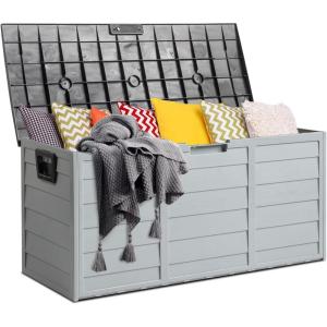 imageOutvita Deck Storage Box 75 Gallon Plastic Durable Storage Container Bin with Lid Store Patio Cushions and Yard Stools Outdoor Patio Garden PoolBrownGray BodyGray Lid