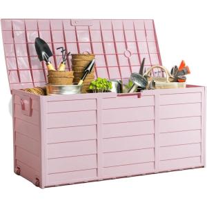 imageOutvita Deck Storage Box 75 Gallon Plastic Durable Storage Container Bin with Lid Store Patio Cushions and Yard Stools Outdoor Patio Garden PoolBrownPink