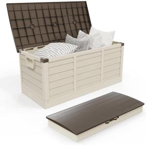 imageOutvita Foldable 75 Gallon Outdoor Storage Box Plastic Storage Containers with Lid Patio Deck Box Furniture for Garden Pool Balcony Yard Gray BodyBlack LidBrown