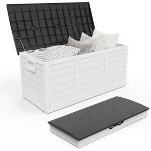 imageOutvita Foldable 75 Gallon Outdoor Storage Box Plastic Storage Containers with Lid Patio Deck Box Furniture for Garden Pool Balcony Yard Gray BodyBlack LidWhite
