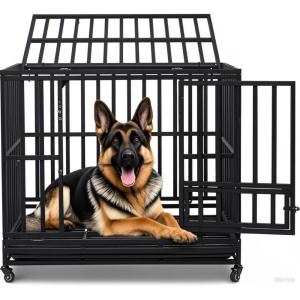 imageOutvita Heavy Duty Dog Crate42quot Large Metal Wire Dog Kennel Chew Proof Dog Cage with Lockable Wheels Plastic Try Double Door for Medium to Large Dog Indoor