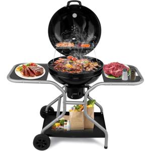 imageOutvita Kettle Charcoal Grill 225 inch Outdoor Portable Cooking Barbecue Grill Cart with 2 Side Tables ampamp Wheels for Patio Backyard Parties Camping PicnicBlack