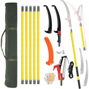 imageOutvita Manual Pole Saw 26 Feet Extendable Tree Pruner with Knives and Storage Pocket Sharp Steel Blade and Scissors High Branches Trimming for Pruning Palms and ShrubsOrangeYellow