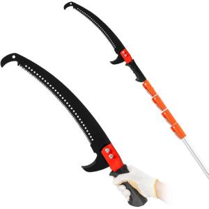 imageOutvita Manual Pole Saw 26 Feet Extendable Tree Pruner with Knives and Storage Pocket Sharp Steel Blade and Scissors High Branches Trimming for Pruning Palms and ShrubsOrangeSilveraluminum