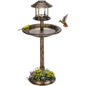 imageOutvita Outdoor Bird Bath Garden Bird Baths Decorations with SolarPowered Lamp and Resin Pedestal Flower Planter Base Bird Feeder for Yard PatioBronze
