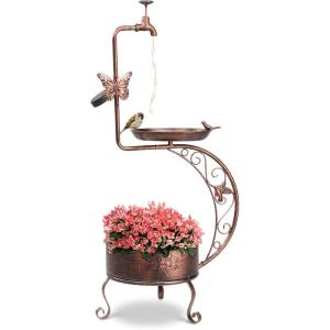 imageOutvita Outdoor Bird Bath Vintage Metal Garden Bird Bath with Solar Lamp and Flower Planter Pedestal Standing Bird Feeder BronzeGilt Bronze