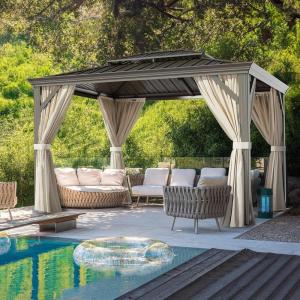 imageOutvita Outdoor Hardtop Gazebo 10x12 Durable Aluminum Frame Patio Pergola with Double Roof Netting and Curtains for Lawn Garden and Balcony