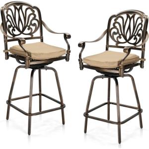 imageOutvita Set of 2 Outdoor Swivel Bar StoolsCast Aluminum Bar Height Patio Chairs 360 Rotation 380 lbs Capacity Barstools with Comfort Cushions High Back and ArmrestFloralInspired Scroll Back