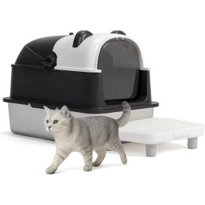 imageOutvita Stainless Steel Cat Litter Box with Lid 236quot Panda Design XL Metal Litter Box with Stair and Scoop for Big Cats Extra Large High Sided Enclosed AntiLeakage NonSticky Easy Cleaning