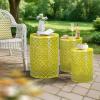imageOutvita Outdoor Nesting Tables Set of 3 Heavy Duty Metal Frame Accent Modern End Table Portable Side Table for Indoor Outdoor Living Room Clover Pattern  BlueYellow