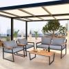 imageOutvita Patio Furniture 4pcs Outdoor Conversation Sofa Set with Acacia and Metal Coffee Table Loveseat and Single Chair for Backyard Garden Terrace Balcony